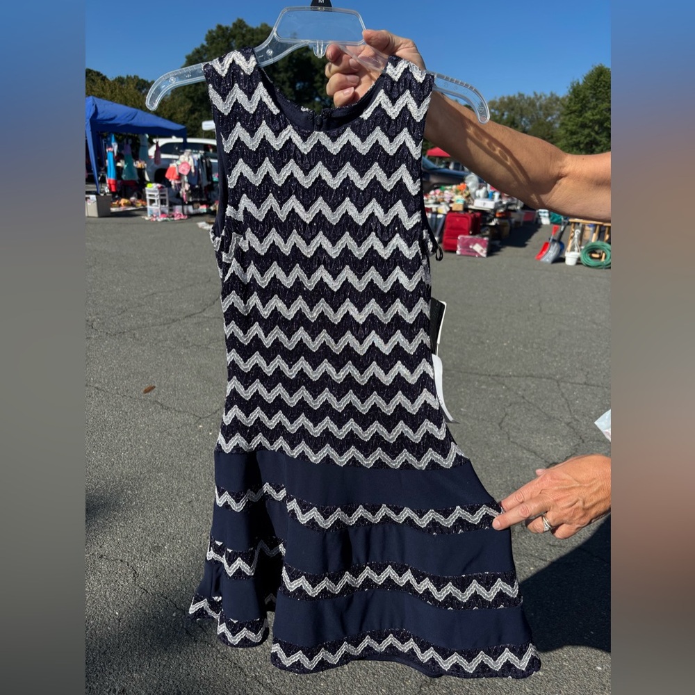 Betsy & Adam Navy and Silver Chevron Dress